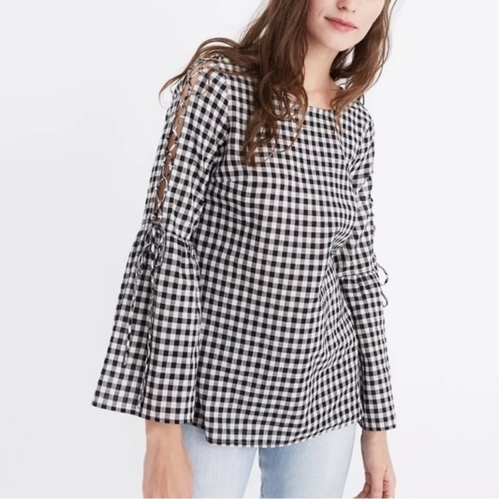 Madewell |‎ Medium Black & White Gingham Criss Cross Tie Bell Long Sleeve Top